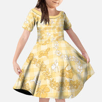 Melemele Aloha Hawaii Family Matching Short Sleeve Bodycon Dress and Hawaiian Shirt Plumeria Lei With Palaka Motif LT14 Daughter's Dress Yellow - Polynesian Pride