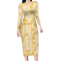 Melemele Aloha Hawaii Long Sleeve Bodycon Dress Plumeria Lei With Palaka Motif LT14 Long Dress Yellow - Polynesian Pride