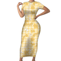 Melemele Aloha Hawaii Short Sleeve Bodycon Dress Plumeria Lei With Palaka Motif LT14 Long Dress Yellow - Polynesian Pride