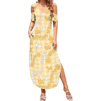 Melemele Aloha Hawaii Summer Maxi Dress Plumeria Lei With Palaka Motif - Polynesian Pride