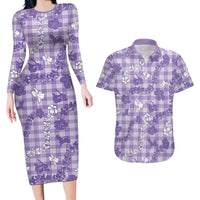 Poni Aloha Hawaii Couples Matching Long Sleeve Bodycon Dress and Hawaiian Shirt Plumeria Lei With Palaka Motif LT14 Purple - Polynesian Pride