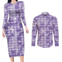 Poni Aloha Hawaii Couples Matching Long Sleeve Bodycon Dress and Long Sleeve Button Shirt Plumeria Lei With Palaka Motif LT14 Purple - Polynesian Pride