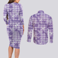 Poni Aloha Hawaii Couples Matching Long Sleeve Bodycon Dress and Long Sleeve Button Shirt Plumeria Lei With Palaka Motif LT14 - Polynesian Pride