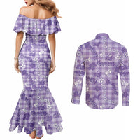 Poni Aloha Hawaii Couples Matching Mermaid Dress and Long Sleeve Button Shirt Plumeria Lei With Palaka Motif LT14 - Polynesian Pride