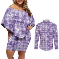 Poni Aloha Hawaii Couples Matching Off Shoulder Short Dress and Long Sleeve Button Shirt Plumeria Lei With Palaka Motif LT14 Purple - Polynesian Pride
