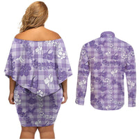 Poni Aloha Hawaii Couples Matching Off Shoulder Short Dress and Long Sleeve Button Shirt Plumeria Lei With Palaka Motif LT14 - Polynesian Pride