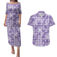 Poni Aloha Hawaii Couples Matching Puletasi and Hawaiian Shirt Plumeria Lei With Palaka Motif LT14 Purple - Polynesian Pride