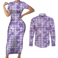 Poni Aloha Hawaii Couples Matching Short Sleeve Bodycon Dress and Long Sleeve Button Shirt Plumeria Lei With Palaka Motif LT14 Purple - Polynesian Pride