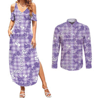 Poni Aloha Hawaii Couples Matching Summer Maxi Dress and Long Sleeve Button Shirt Plumeria Lei With Palaka Motif LT14 Purple - Polynesian Pride