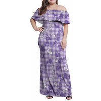 Poni Aloha Hawaii Family Matching Off Shoulder Maxi Dress and Hawaiian Shirt Plumeria Lei With Palaka Motif LT14 Mom's Dress Purple - Polynesian Pride