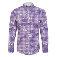 Poni Aloha Hawaii Family Matching Off Shoulder Short Dress and Hawaiian Shirt Plumeria Lei With Palaka Motif LT14 Dad's Shirt - Long Sleeve Purple - Polynesian Pride