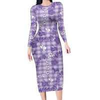 Poni Aloha Hawaii Long Sleeve Bodycon Dress Plumeria Lei With Palaka Motif LT14 Long Dress Purple - Polynesian Pride