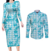 Polu Aloha Hawaii Couples Matching Long Sleeve Bodycon Dress and Long Sleeve Button Shirt Plumeria Lei With Palaka Motif LT14 Blue - Polynesian Pride