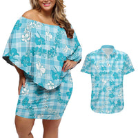 Polu Aloha Hawaii Couples Matching Off Shoulder Short Dress and Hawaiian Shirt Plumeria Lei With Palaka Motif LT14 Blue - Polynesian Pride