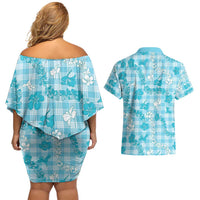 Polu Aloha Hawaii Couples Matching Off Shoulder Short Dress and Hawaiian Shirt Plumeria Lei With Palaka Motif LT14 - Polynesian Pride
