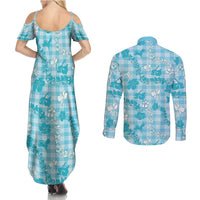 Polu Aloha Hawaii Couples Matching Summer Maxi Dress and Long Sleeve Button Shirt Plumeria Lei With Palaka Motif LT14 - Polynesian Pride