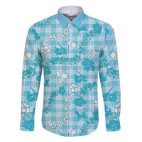 Polu Aloha Hawaii Family Matching Off The Shoulder Long Sleeve Dress and Hawaiian Shirt Plumeria Lei With Palaka Motif LT14 Dad's Shirt - Long Sleeve Blue - Polynesian Pride
