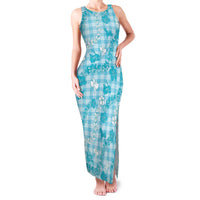 Polu Aloha Hawaii Family Matching Tank Maxi Dress and Hawaiian Shirt Plumeria Lei With Palaka Motif LT14 Mom's Dress Blue - Polynesian Pride