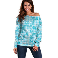 Polu Aloha Hawaii Off Shoulder Sweater Plumeria Lei With Palaka Motif - Polynesian Pride