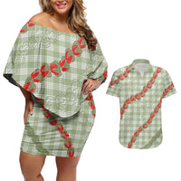 Omaomao Aloha Hawaii Couples Matching Off Shoulder Short Dress and Hawaiian Shirt Rosebud Lei With Palaka Motif LT14 Green - Polynesian Pride