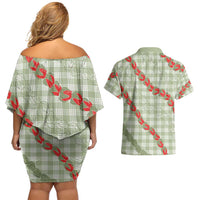 Omaomao Aloha Hawaii Couples Matching Off Shoulder Short Dress and Hawaiian Shirt Rosebud Lei With Palaka Motif LT14 - Polynesian Pride