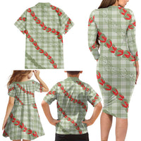 Omaomao Aloha Hawaii Family Matching Long Sleeve Bodycon Dress and Hawaiian Shirt Rosebud Lei With Palaka Motif LT14 - Polynesian Pride