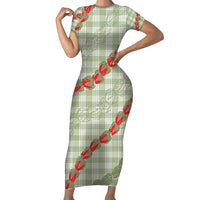 Omaomao Aloha Hawaii Family Matching Short Sleeve Bodycon Dress and Hawaiian Shirt Rosebud Lei With Palaka Motif LT14 Mom's Dress Green - Polynesian Pride