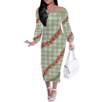 Omaomao Aloha Hawaii Off The Shoulder Long Sleeve Dress Rosebud Lei With Palaka Motif LT14 Women Green - Polynesian Pride