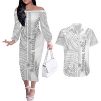 Samoa White Sunday Couples Matching Off The Shoulder Long Sleeve Dress and Hawaiian Shirt Manuia le Aso Sa o Tamaiti Polynesian Plumeria LT14 White - Polynesian Pride