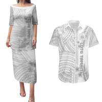Samoa White Sunday Couples Matching Puletasi Dress and Hawaiian Shirt Manuia le Aso Sa o Tamaiti Polynesian Plumeria LT14 White - Polynesian Pride