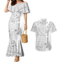 Personalised Samoa White Sunday Couples Matching Mermaid Dress and Hawaiian Shirt Manuia le Aso Sa o Tamaiti Polynesian Plumeria LT14 White - Polynesian Pride