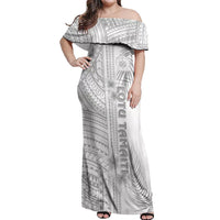 Personalised Samoa White Sunday Off Shoulder Maxi Dress Manuia le Aso Sa o Tamaiti Polynesian Plumeria LT14 Women White - Polynesian Pride