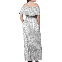 Personalised Samoa White Sunday Off Shoulder Maxi Dress Manuia le Aso Sa o Tamaiti Polynesian Plumeria LT14 - Polynesian Pride