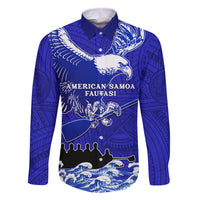 Personalised American Samoa Fautasi Race Family Matching Mermaid Dress and Hawaiian Shirt Eagle With Polynesian Pattern LT14 Dad's Shirt - Long Sleeve Blue - Polynesian Pride