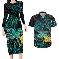 New Zealand Fantail Bird Couples Matching Long Sleeve Bodycon Dress and Hawaiian Shirt Maori Piwakawaka Kowhai - Paua Shell Pattern LT14 Green - Polynesian Pride