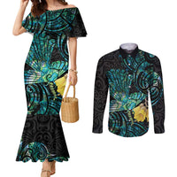 New Zealand Fantail Bird Couples Matching Mermaid Dress and Long Sleeve Button Shirt Maori Piwakawaka Kowhai - Paua Shell Pattern LT14 Green - Polynesian Pride