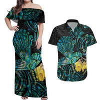 New Zealand Fantail Bird Couples Matching Off Shoulder Maxi Dress and Hawaiian Shirt Maori Piwakawaka Kowhai - Paua Shell Pattern LT14 Green - Polynesian Pride