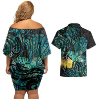 New Zealand Fantail Bird Couples Matching Off Shoulder Short Dress and Hawaiian Shirt Maori Piwakawaka Kowhai - Paua Shell Pattern LT14 - Polynesian Pride