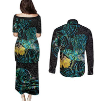 New Zealand Fantail Bird Couples Matching Puletasi and Long Sleeve Button Shirt Maori Piwakawaka Kowhai - Paua Shell Pattern LT14 - Polynesian Pride