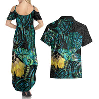New Zealand Fantail Bird Couples Matching Summer Maxi Dress and Hawaiian Shirt Maori Piwakawaka Kowhai - Paua Shell Pattern LT14 - Polynesian Pride