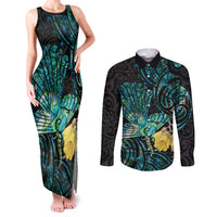 New Zealand Fantail Bird Couples Matching Tank Maxi Dress and Long Sleeve Button Shirt Maori Piwakawaka Kowhai - Paua Shell Pattern LT14 Green - Polynesian Pride