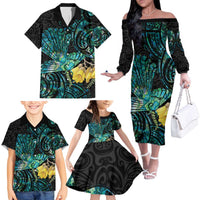 New Zealand Fantail Bird Family Matching Off The Shoulder Long Sleeve Dress and Hawaiian Shirt Maori Piwakawaka Kowhai - Paua Shell Pattern LT14 - Polynesian Pride