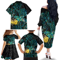 New Zealand Fantail Bird Family Matching Off The Shoulder Long Sleeve Dress and Hawaiian Shirt Maori Piwakawaka Kowhai - Paua Shell Pattern LT14 - Polynesian Pride