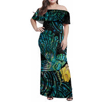 New Zealand Fantail Bird Family Matching Off Shoulder Maxi Dress and Hawaiian Shirt Maori Piwakawaka Kowhai - Paua Shell Pattern LT14 Mom's Dress Green - Polynesian Pride