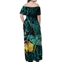 New Zealand Fantail Bird Family Matching Off Shoulder Maxi Dress and Hawaiian Shirt Maori Piwakawaka Kowhai - Paua Shell Pattern LT14 - Polynesian Pride