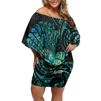New Zealand Fantail Bird Family Matching Off Shoulder Short Dress and Hawaiian Shirt Maori Piwakawaka Kowhai - Paua Shell Pattern LT14 Mom's Dress Green - Polynesian Pride