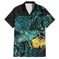 New Zealand Fantail Bird Family Matching Short Sleeve Bodycon Dress and Hawaiian Shirt Maori Piwakawaka Kowhai - Paua Shell Pattern LT14 Dad's Shirt - Short Sleeve Green - Polynesian Pride