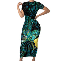New Zealand Fantail Bird Family Matching Short Sleeve Bodycon Dress and Hawaiian Shirt Maori Piwakawaka Kowhai - Paua Shell Pattern LT14 Mom's Dress Green - Polynesian Pride