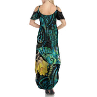 New Zealand Fantail Bird Family Matching Summer Maxi Dress and Hawaiian Shirt Maori Piwakawaka Kowhai - Paua Shell Pattern LT14 - Polynesian Pride