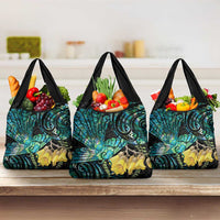 New Zealand Fantail Bird Grocery Bag Maori Piwakawaka Kowhai - Paua Shell Pattern LT14 3-pack One Size Green - Polynesian Pride